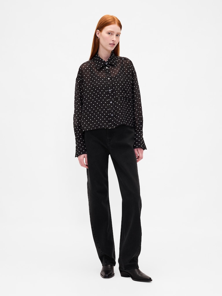 Sheer Oversized Straight-Hem Crop Shirt