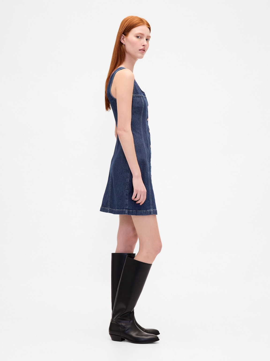 Denim Seamed Button-Front Mini Dress