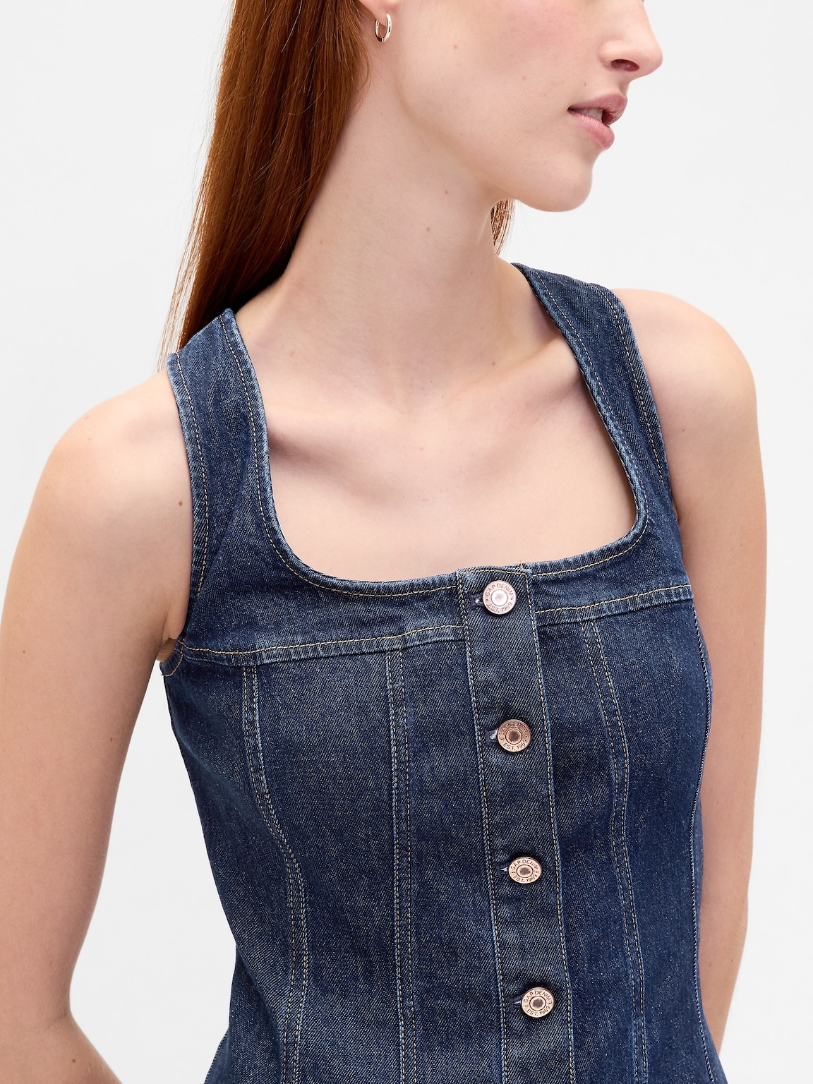 Denim Seamed Button-Front Mini Dress