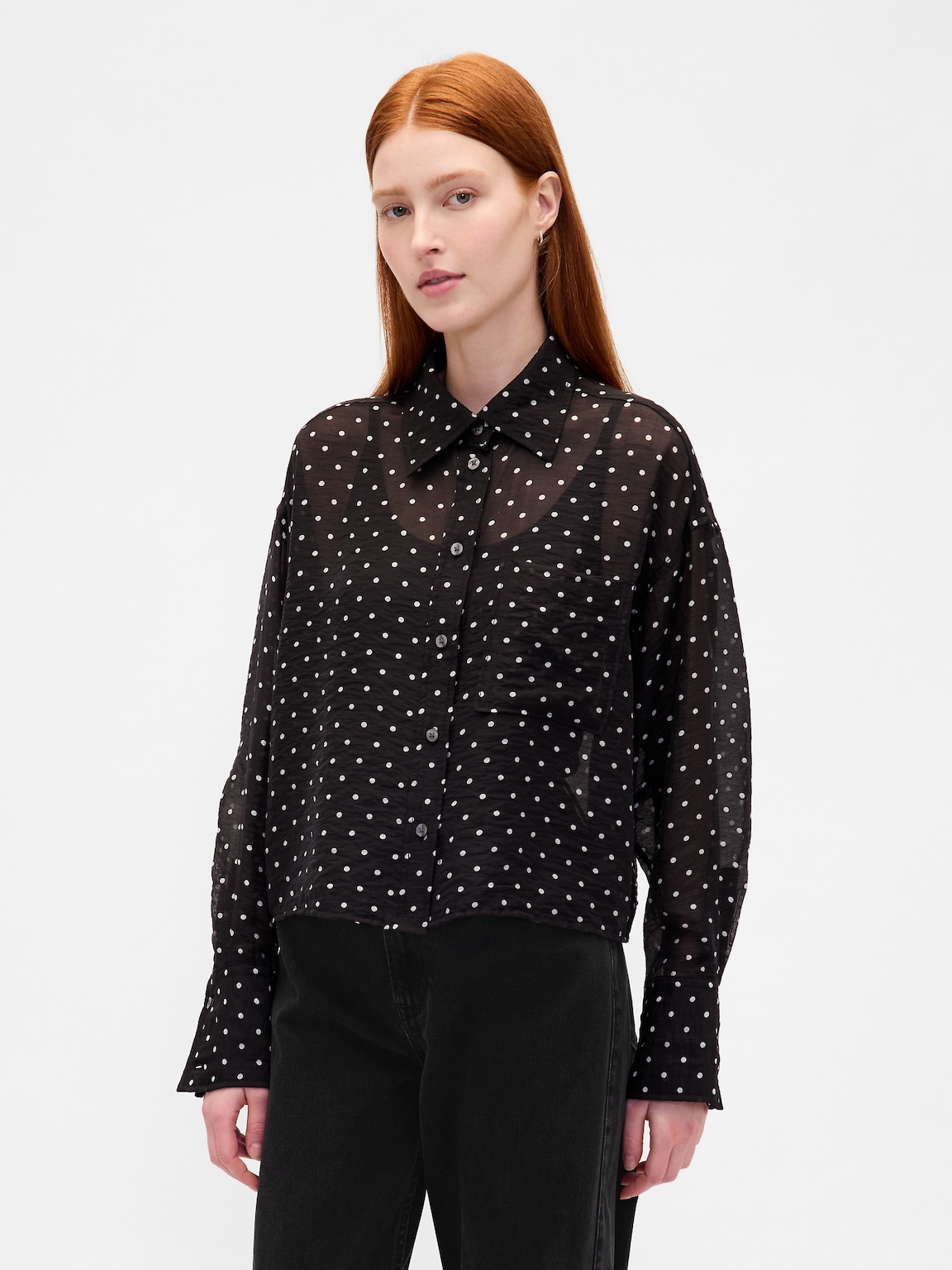 Sheer Straight-Hem Crop Shirt