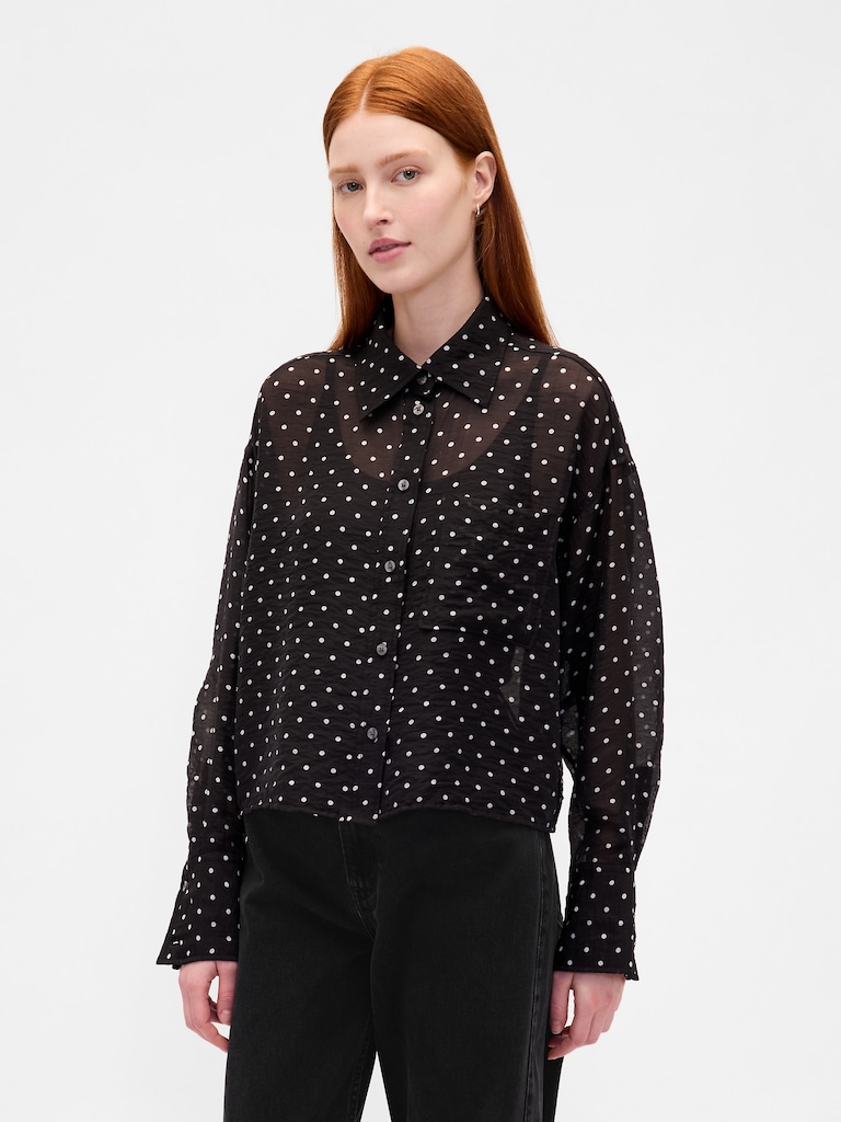 Sheer Oversized Straight-Hem Crop Shirt