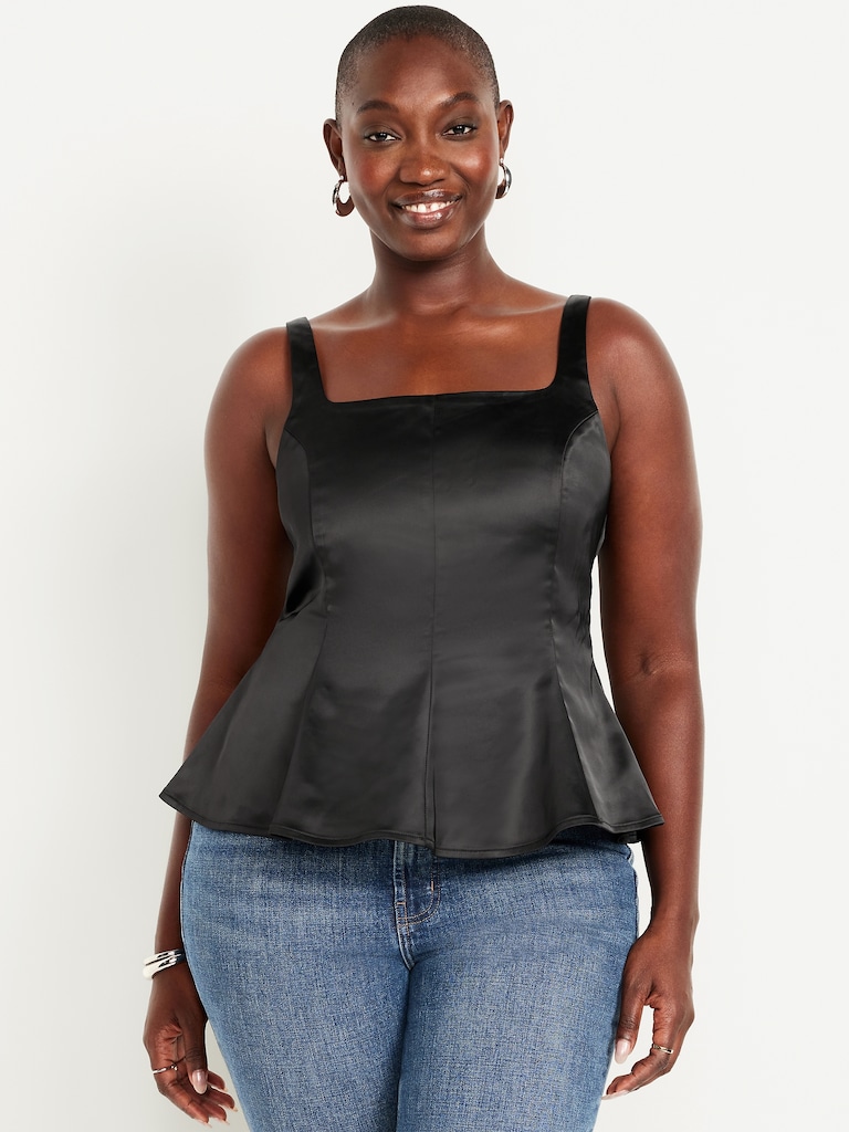 Square-Neck Satin Peplum Top