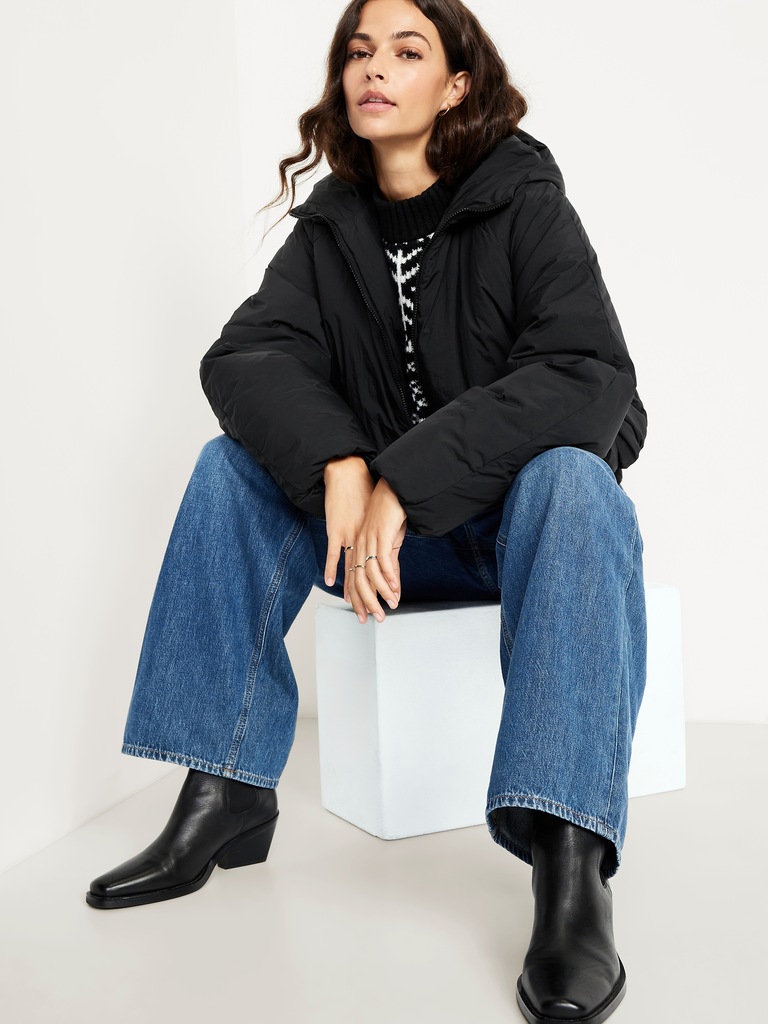 Water-Resistant Bubble-Hem Hooded Puffer Jacket