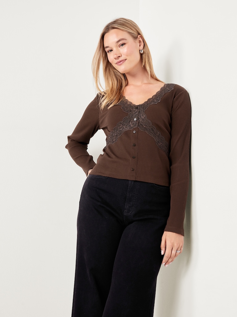 Lace-Trim V-Neck Ribbed Top