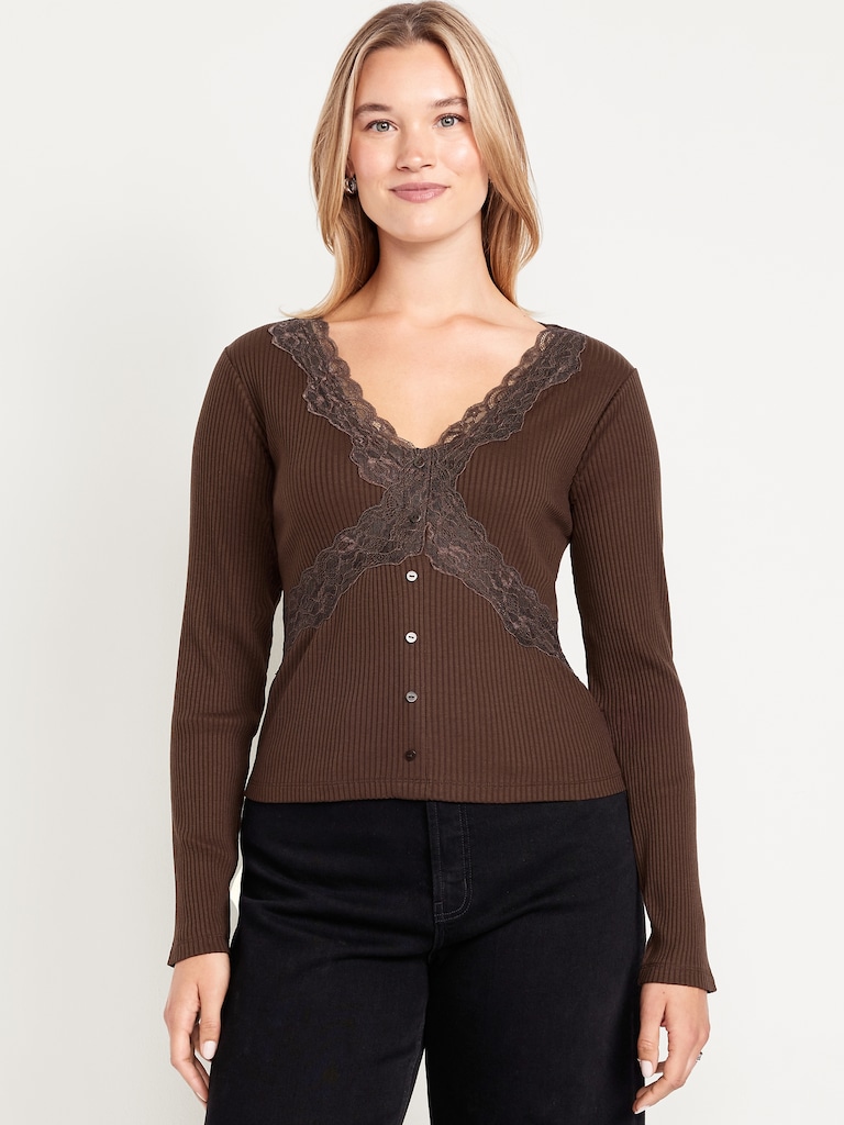 Lace-Trim V-Neck Ribbed Top