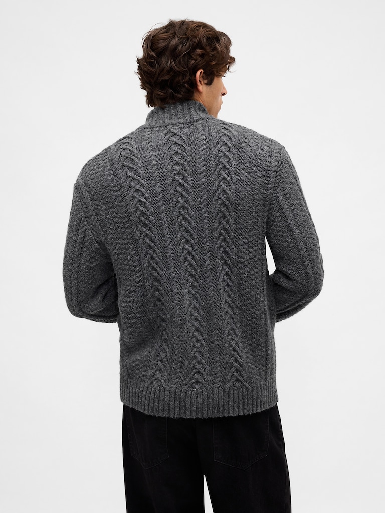 Wool-Blend Cable-Knit Zip Cardigan Sweater