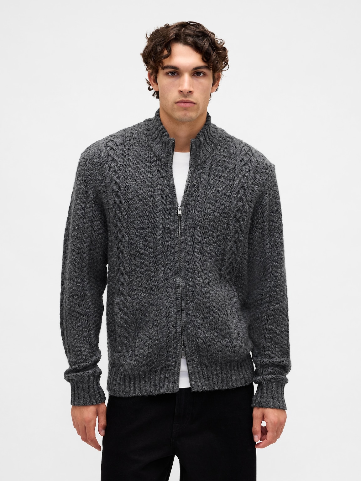 Wool-Blend Cable-Knit Zip Cardigan Sweater