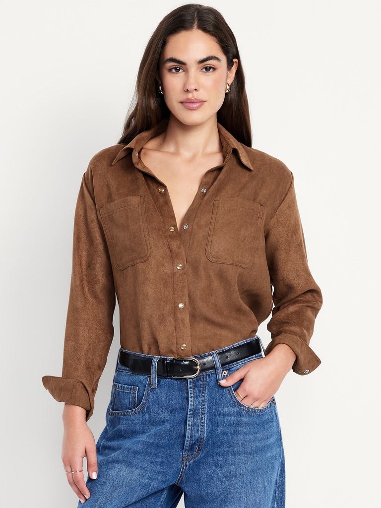 Button-Down Faux-Suede Boyfriend Shirt