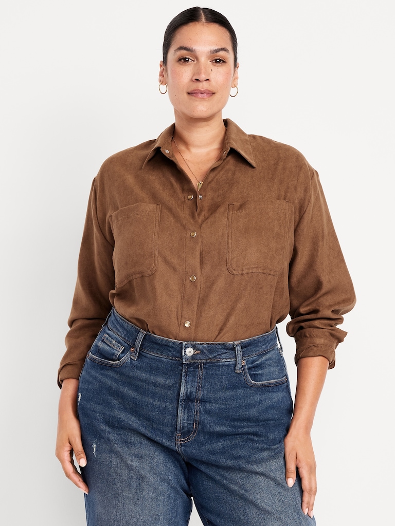 Button-Down Faux-Suede Boyfriend Shirt