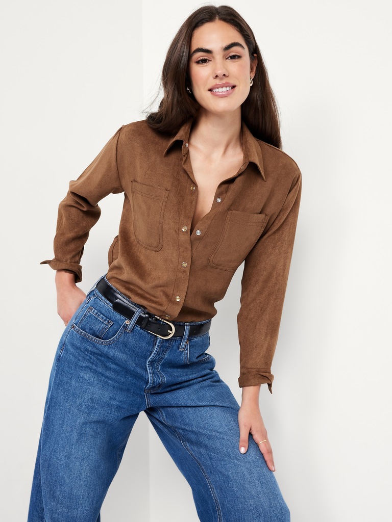 Button-Down Faux-Suede Boyfriend Shirt