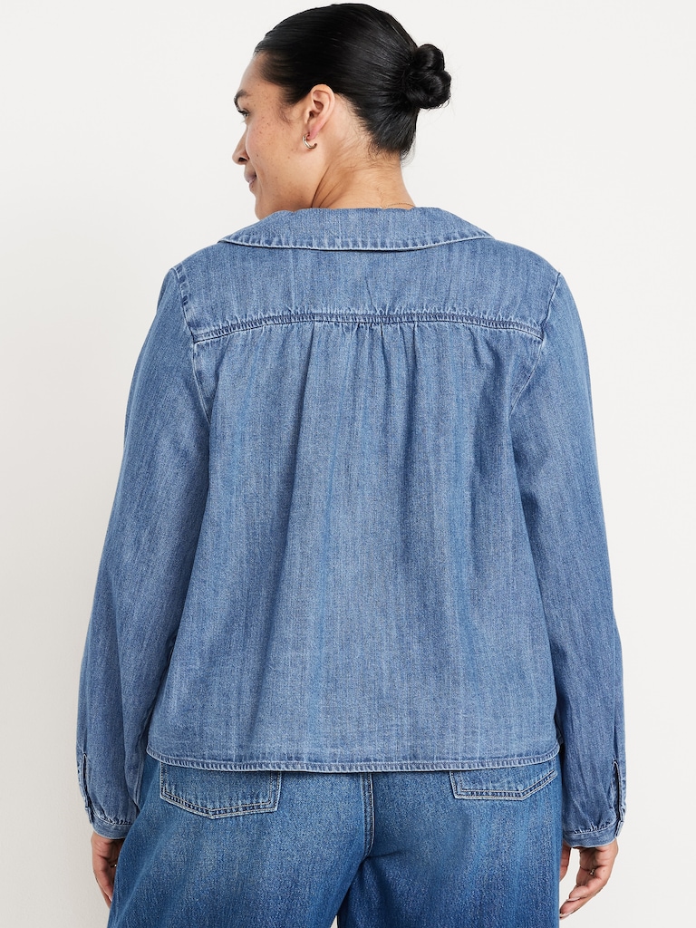 Long-Sleeve Button-Down Cropped Denim Shirt