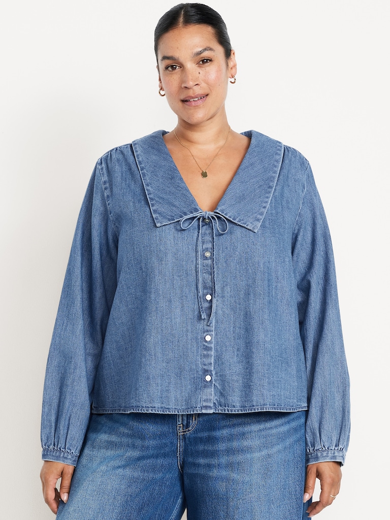 Long-Sleeve Button-Down Cropped Denim Shirt