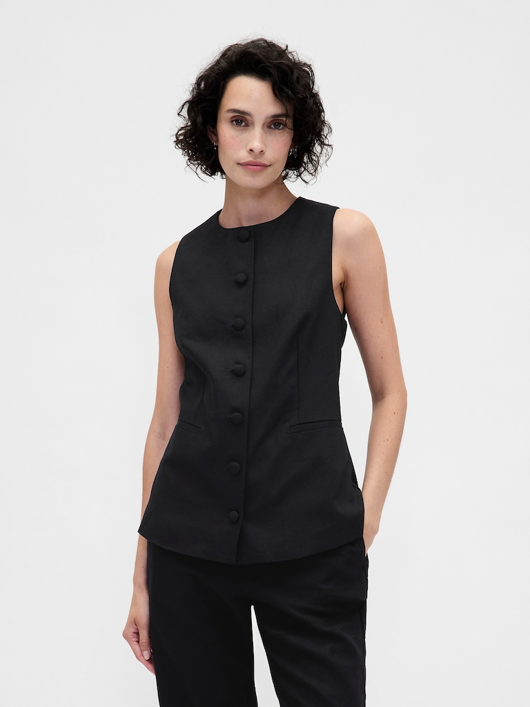 Linen-Blend Tie-Back Longline Vest