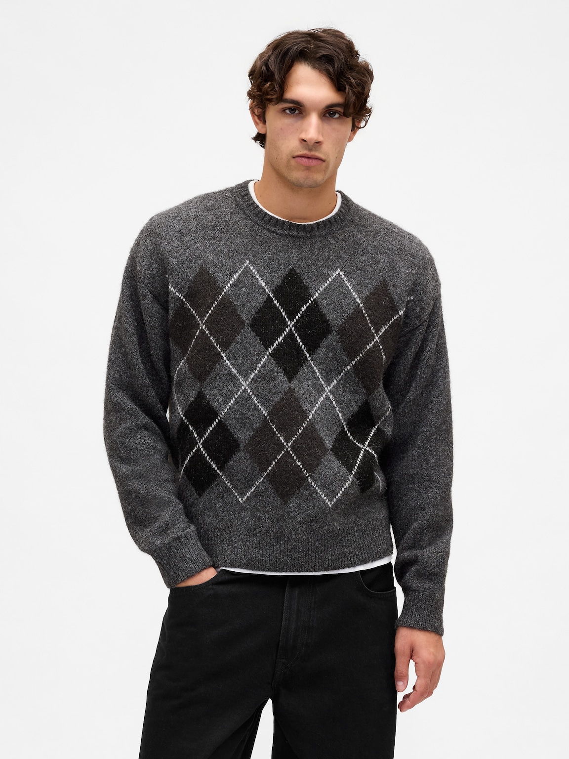 Wool-Blend Relaxed Argyle Sweater