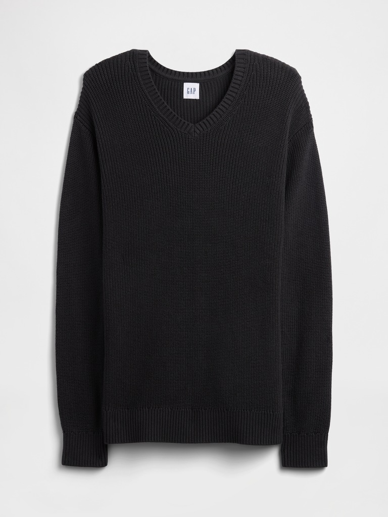Relaxed Ribbed V-Neck Sweater
