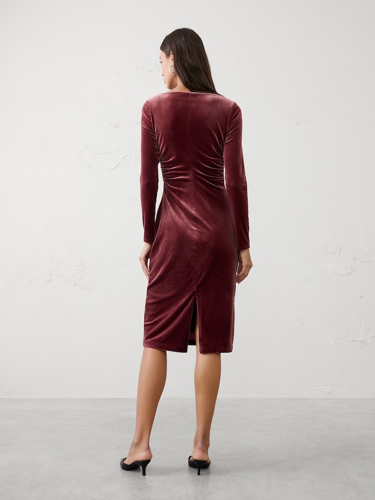 Velvet Shirred-Waist Below-Knee Dress