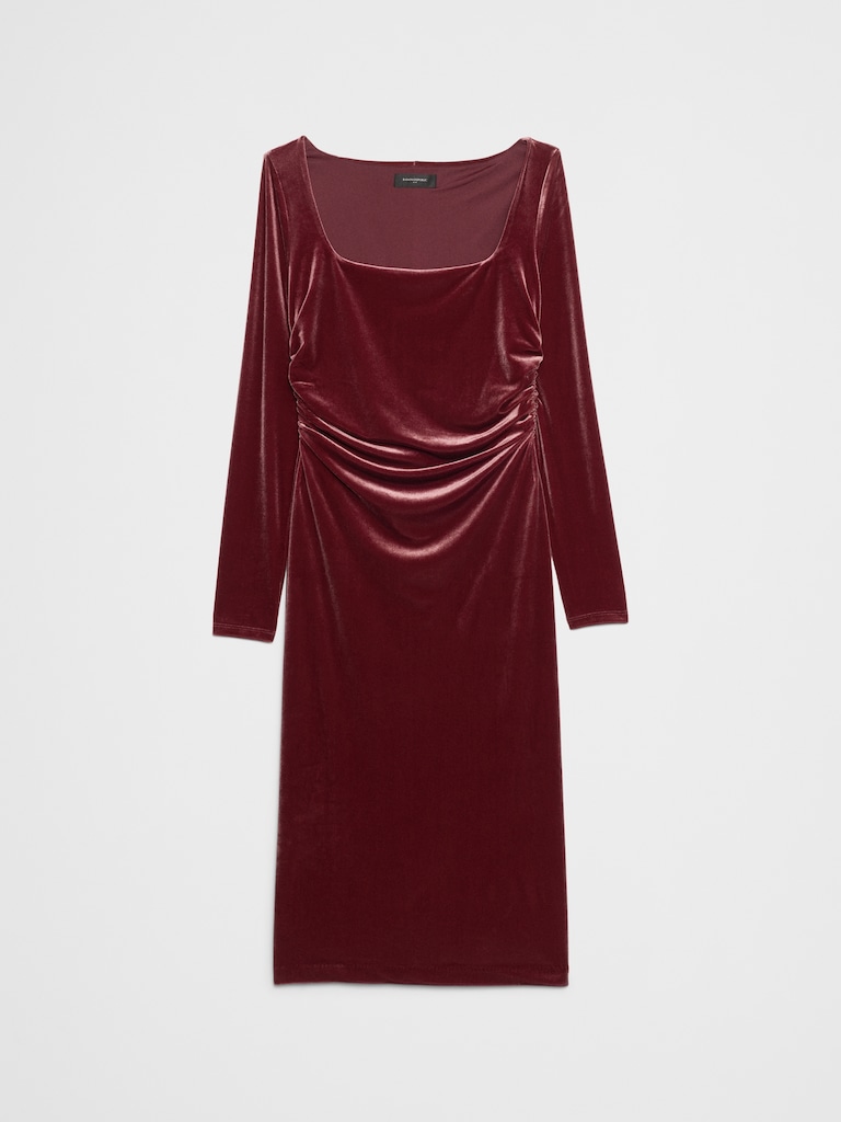 Velvet Shirred-Waist Below-Knee Dress
