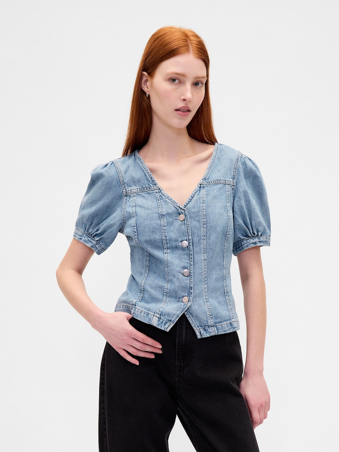 Denim Puff-Sleeve Seamed Top
