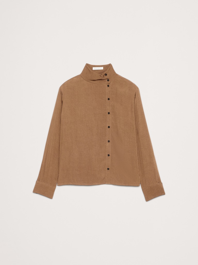 Drapey Twill Asymmetrical Button-Front Blouse