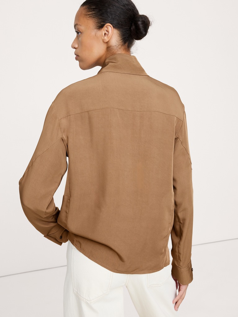 Drapey Twill Asymmetrical Button-Front Blouse