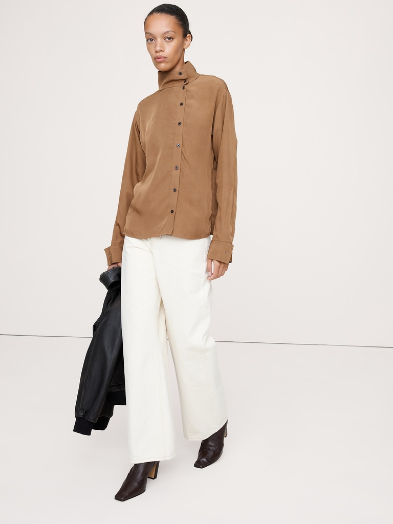 Drapey Twill Asymmetrical Button-Front Blouse