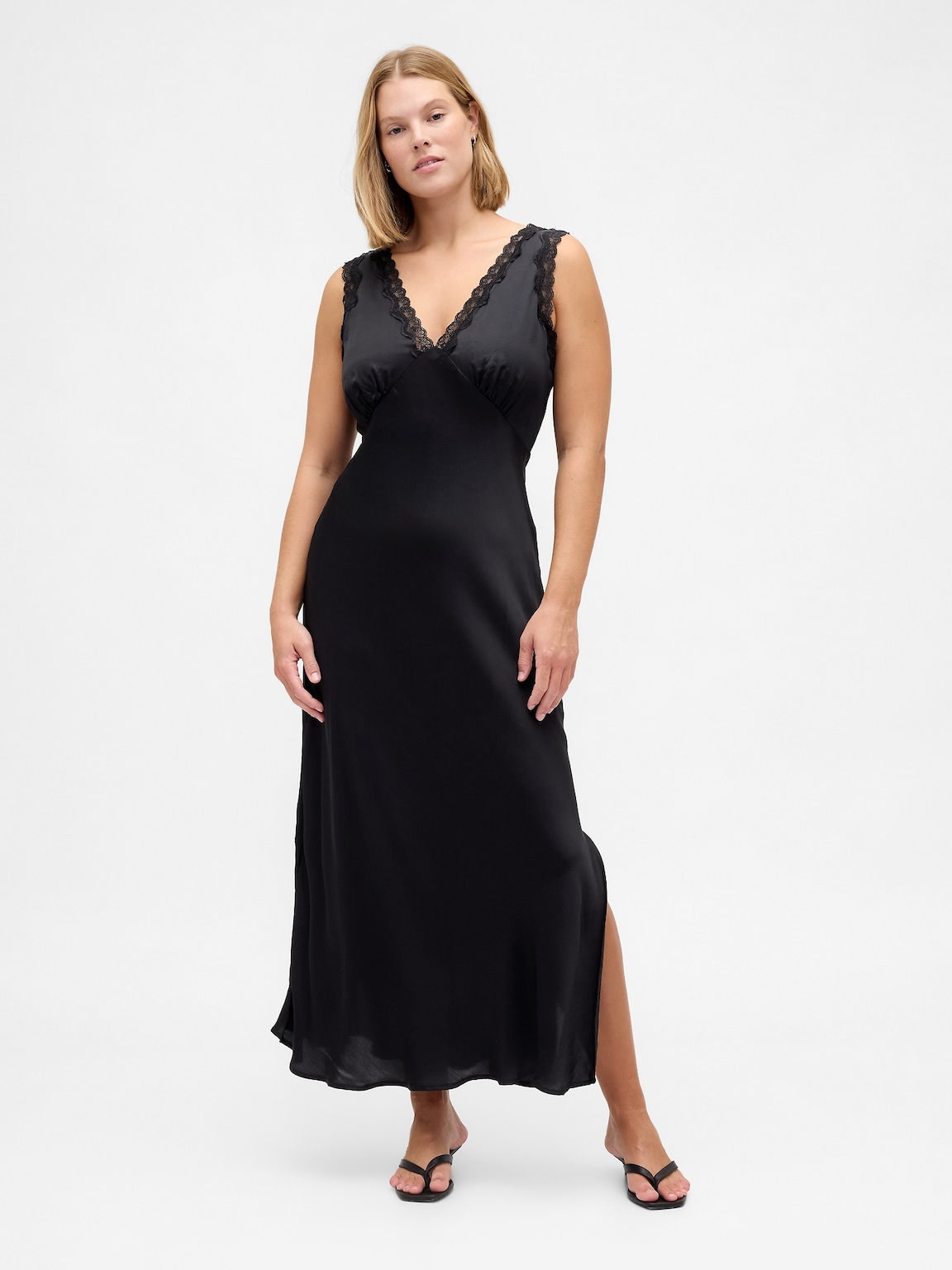 Satin Lace-Trim V-Neck Maxi Slip Dress
