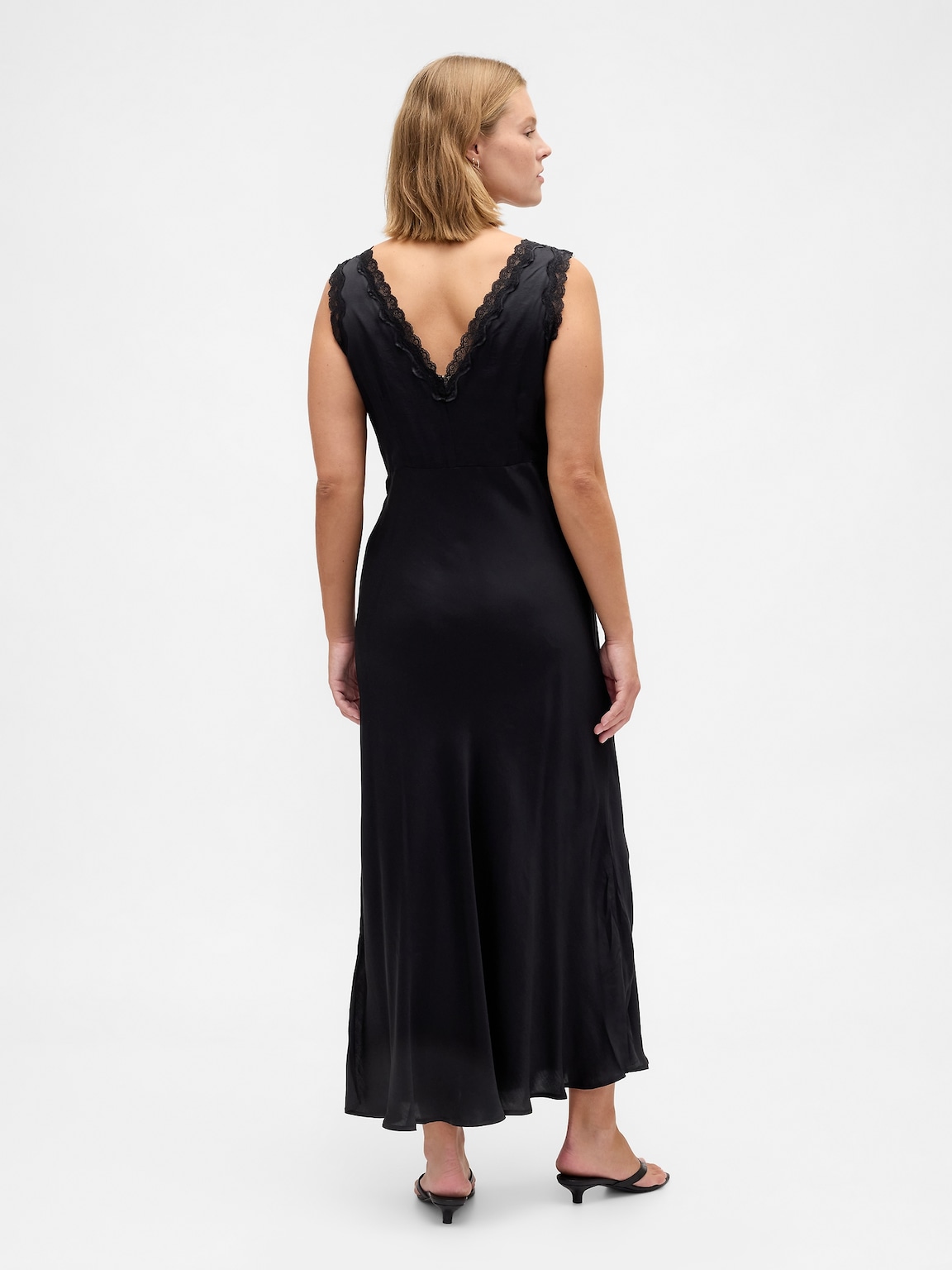 Satin Lace-Trim V-Neck Maxi Slip Dress