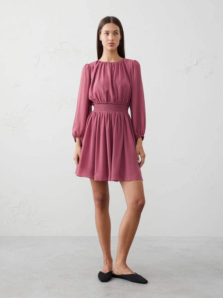 Smocked Volume-Sleeve Mini Fit-and-Flare Dress