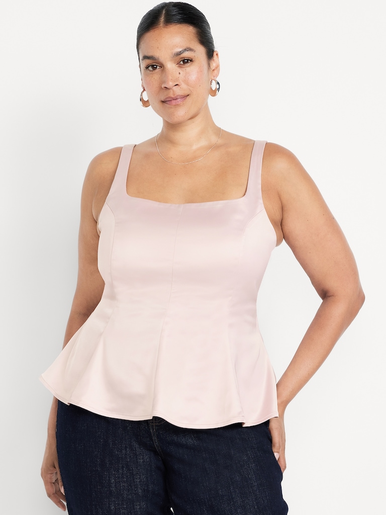 Square-Neck Satin Peplum Top