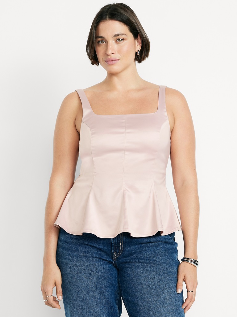 Square-Neck Satin Peplum Top