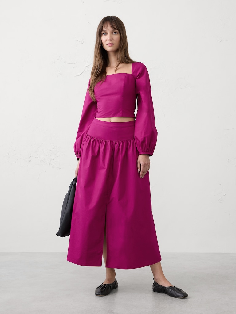 Poplin Dropped-Waist Maxi Skirt