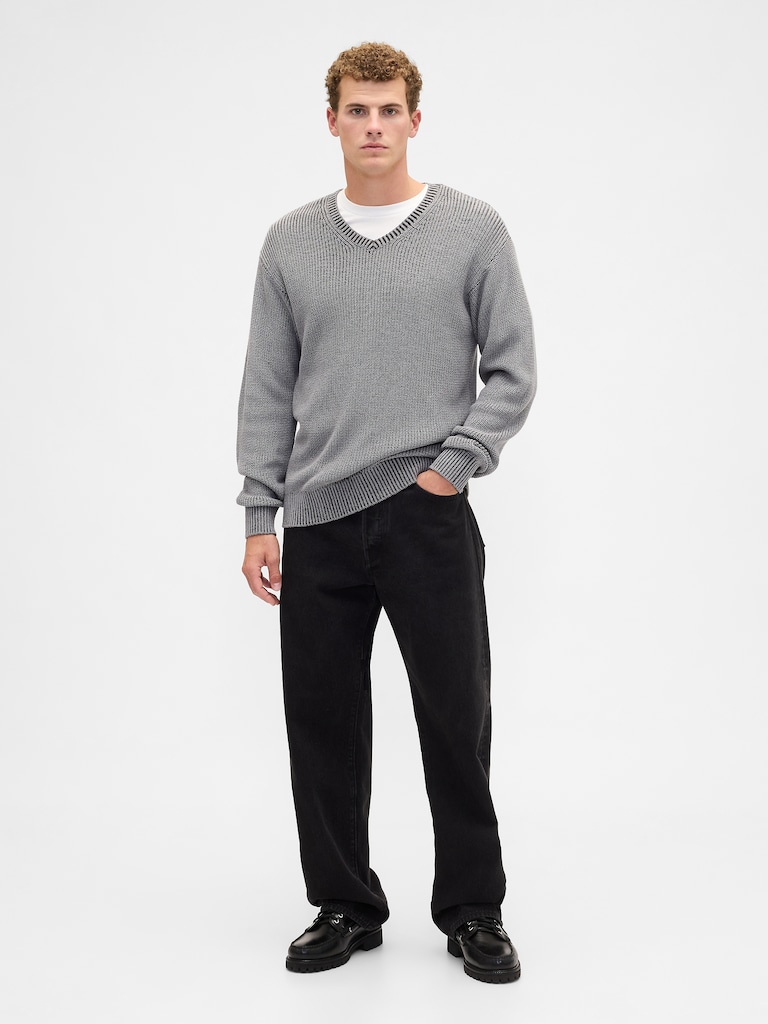 Relaxed Ribbed V-Neck Sweater
