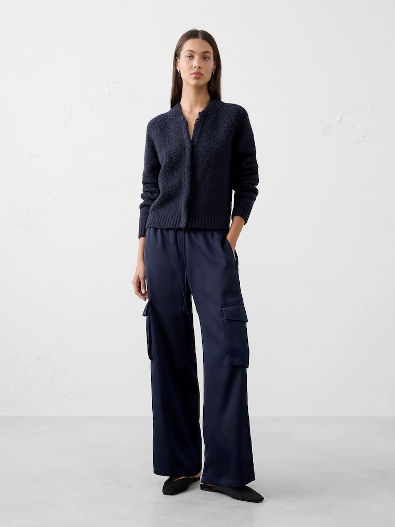 Wide-Leg Mid-Rise Satin Pull-On Cargo Pant