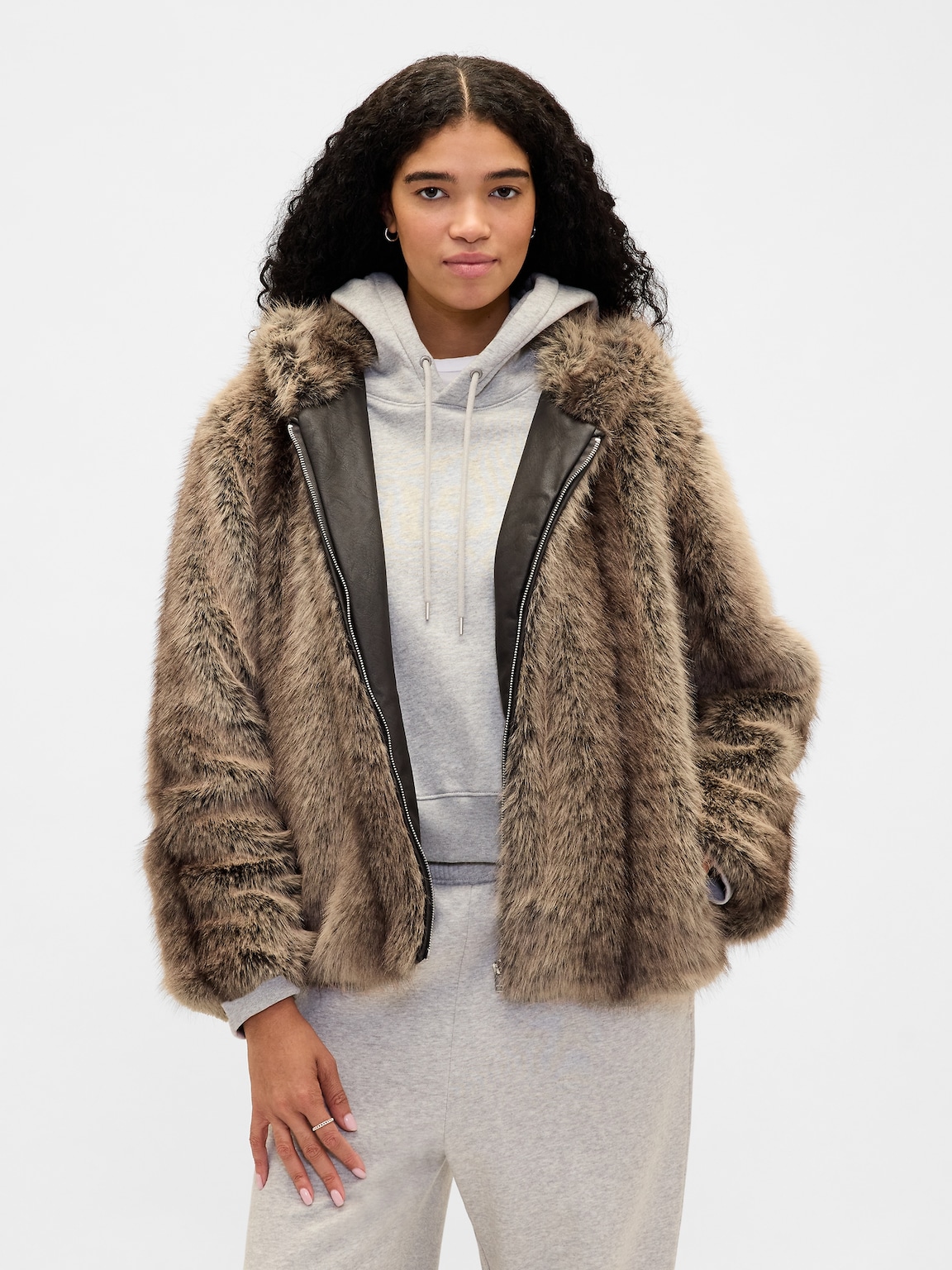 Faux Fur Relaxed Zip Hoodie