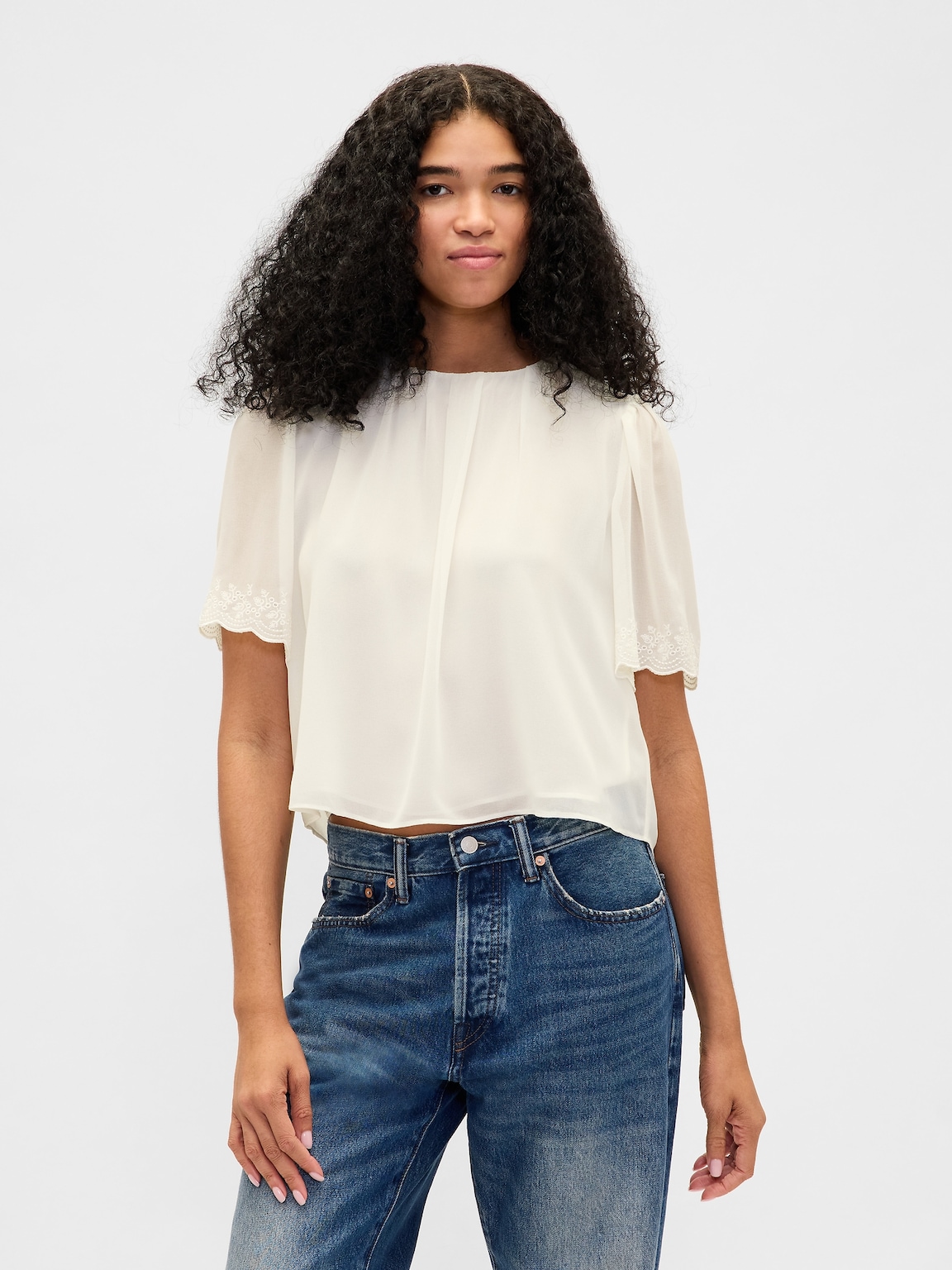 Scalloped Flutter-Sleeve Top