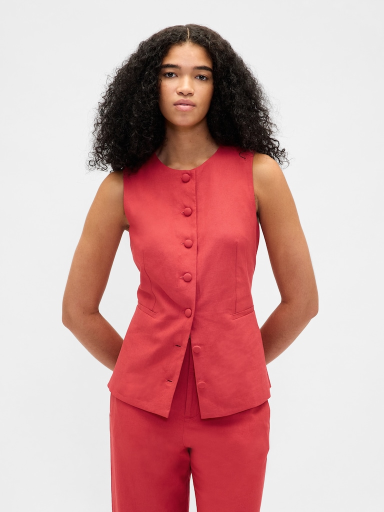 Linen-Blend Tie-Back Longline Vest