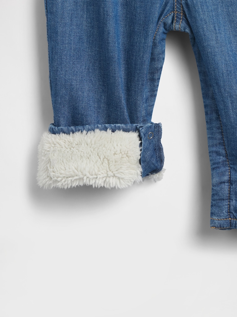 Baby Cozy-Lined Denim Bear Pocket Overalls