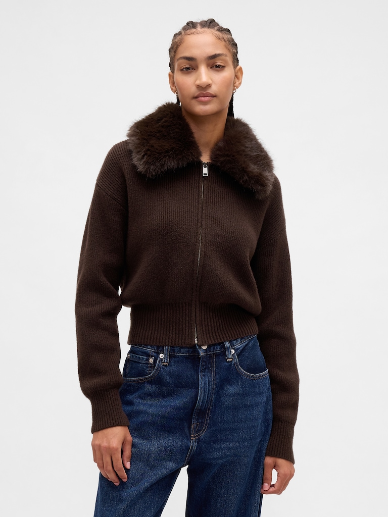 CashSoft Faux-Fur Collar Zip Cardigan Sweater