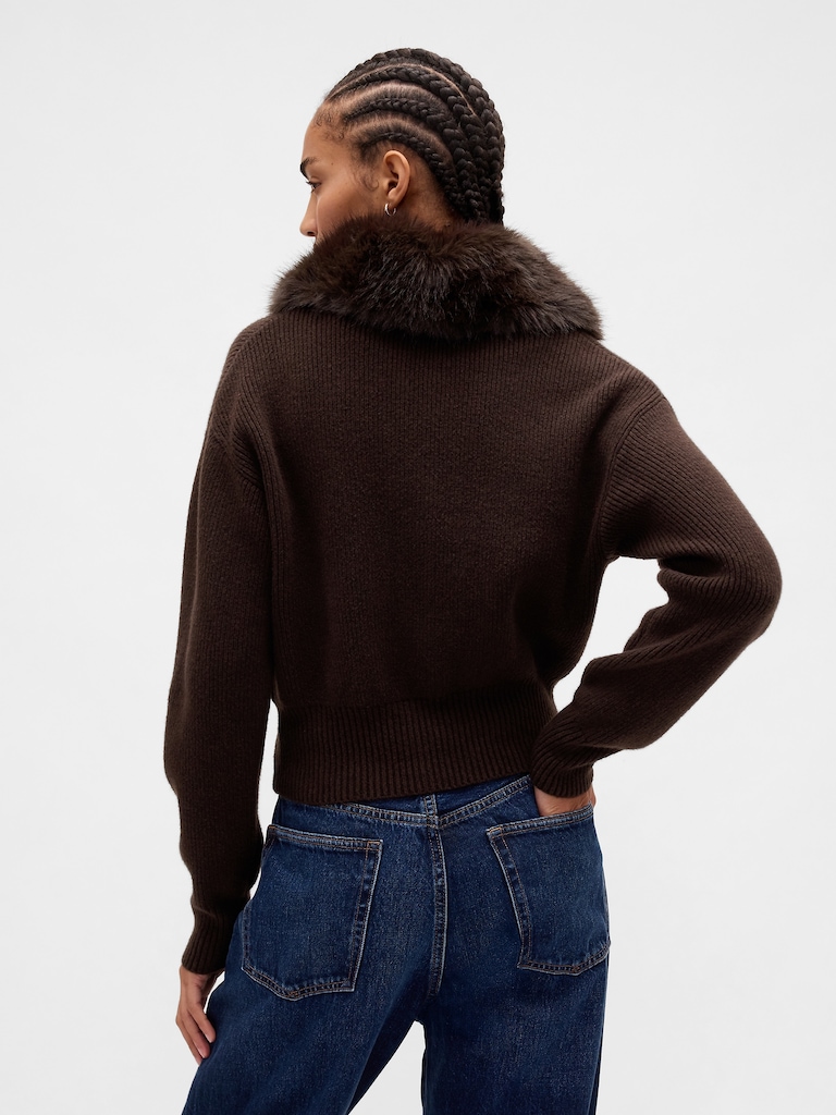CashSoft Faux-Fur Collar Zip Cardigan Sweater