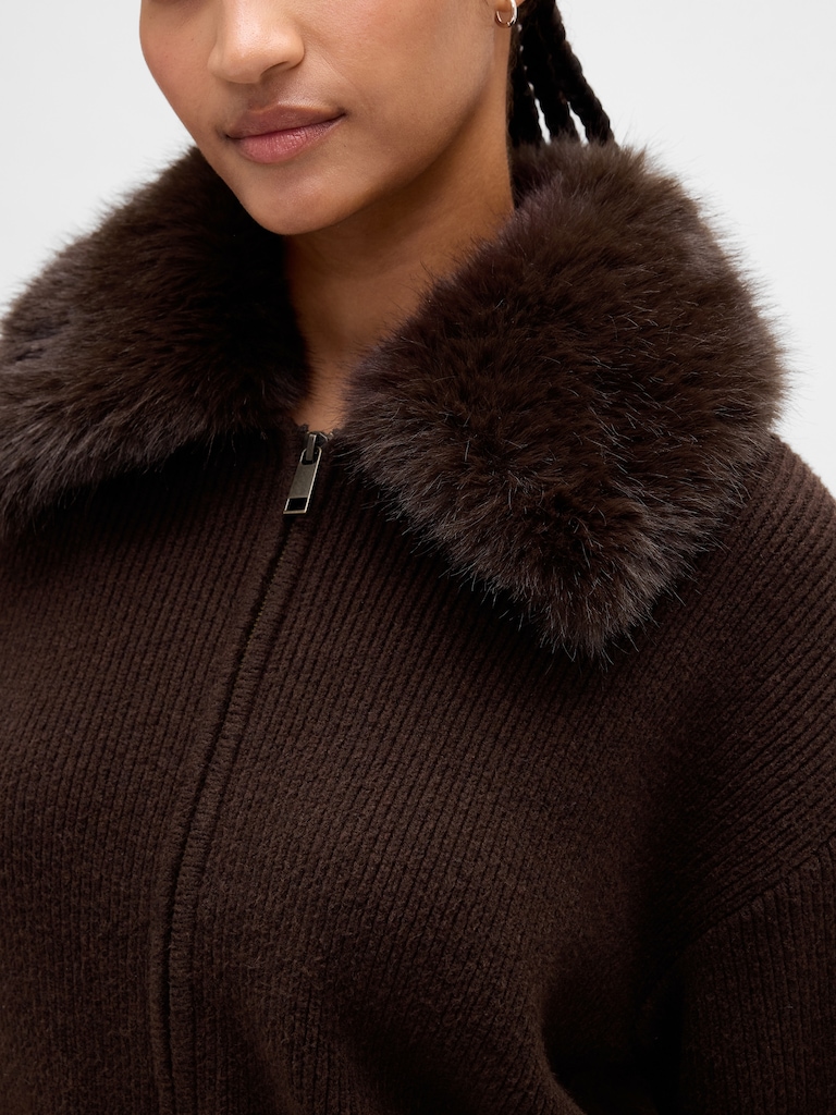 CashSoft Faux-Fur Collar Zip Cardigan Sweater