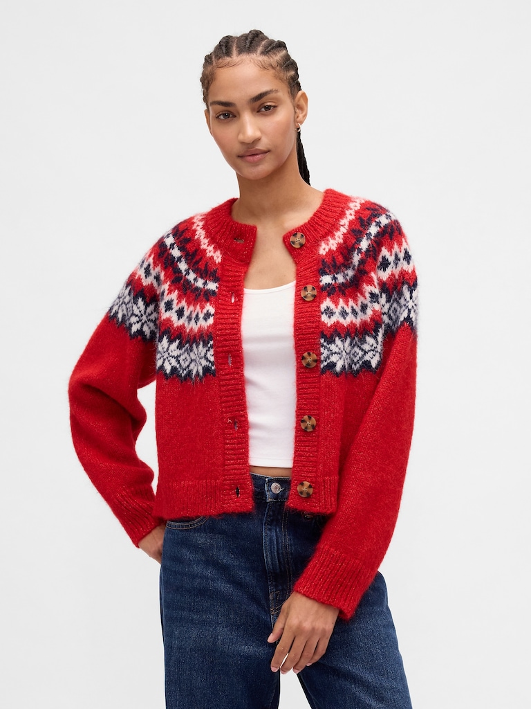 Fuzzy Fair Isle Cardigan Sweater