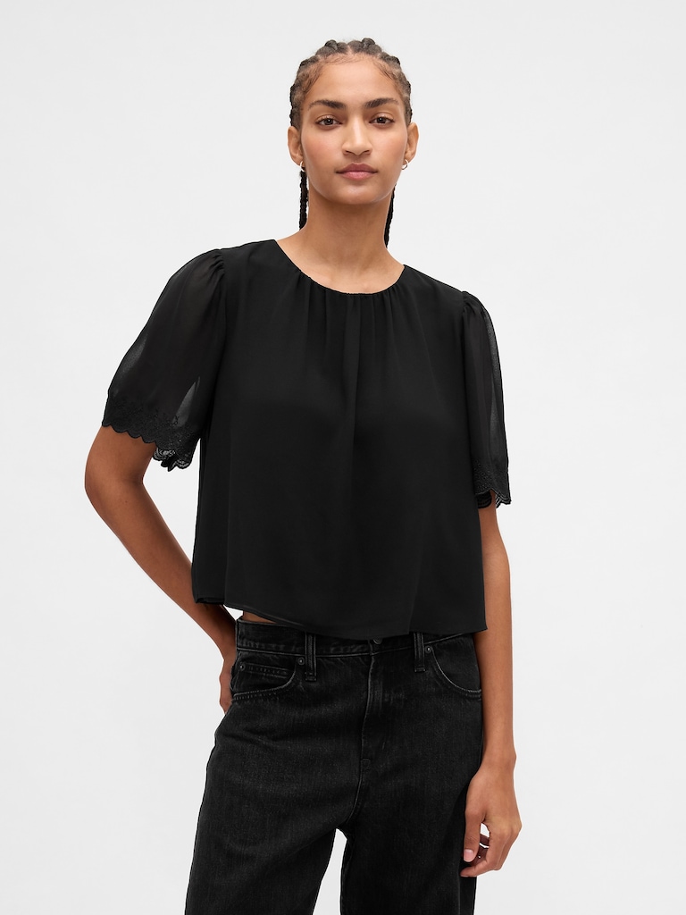 Scalloped Flutter-Sleeve Top