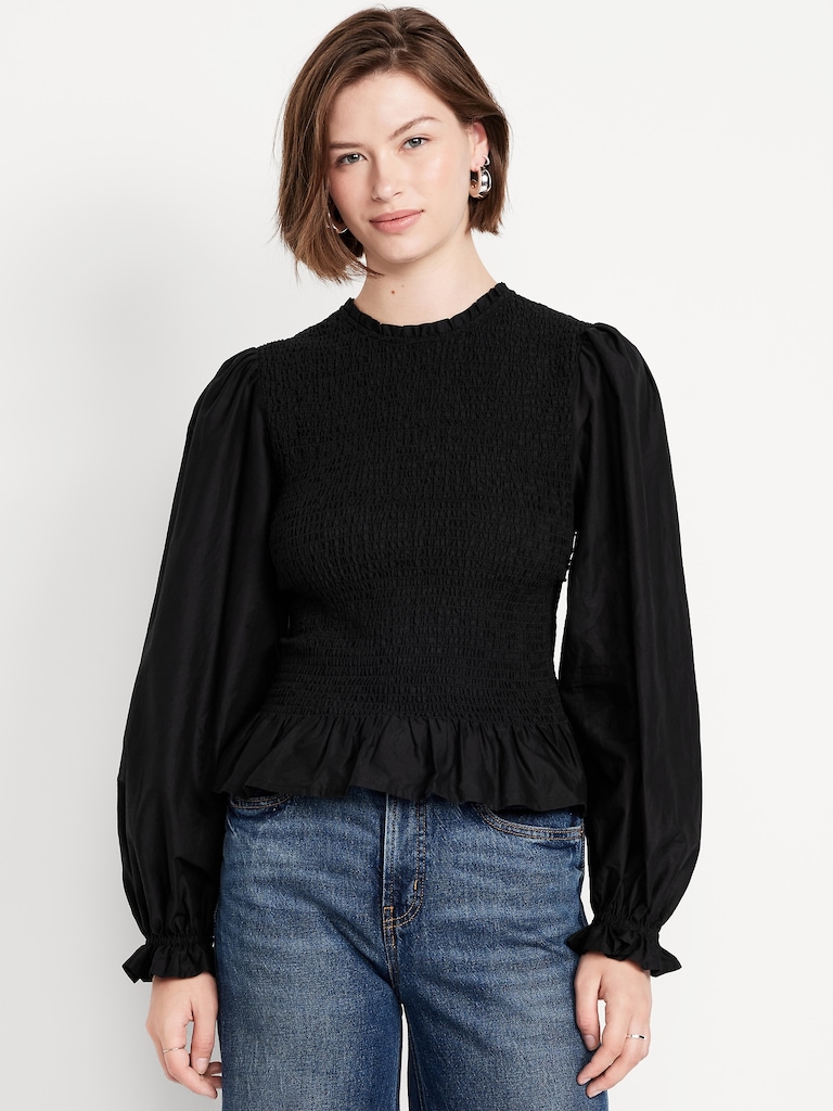 Long-Sleeve Smocked Top