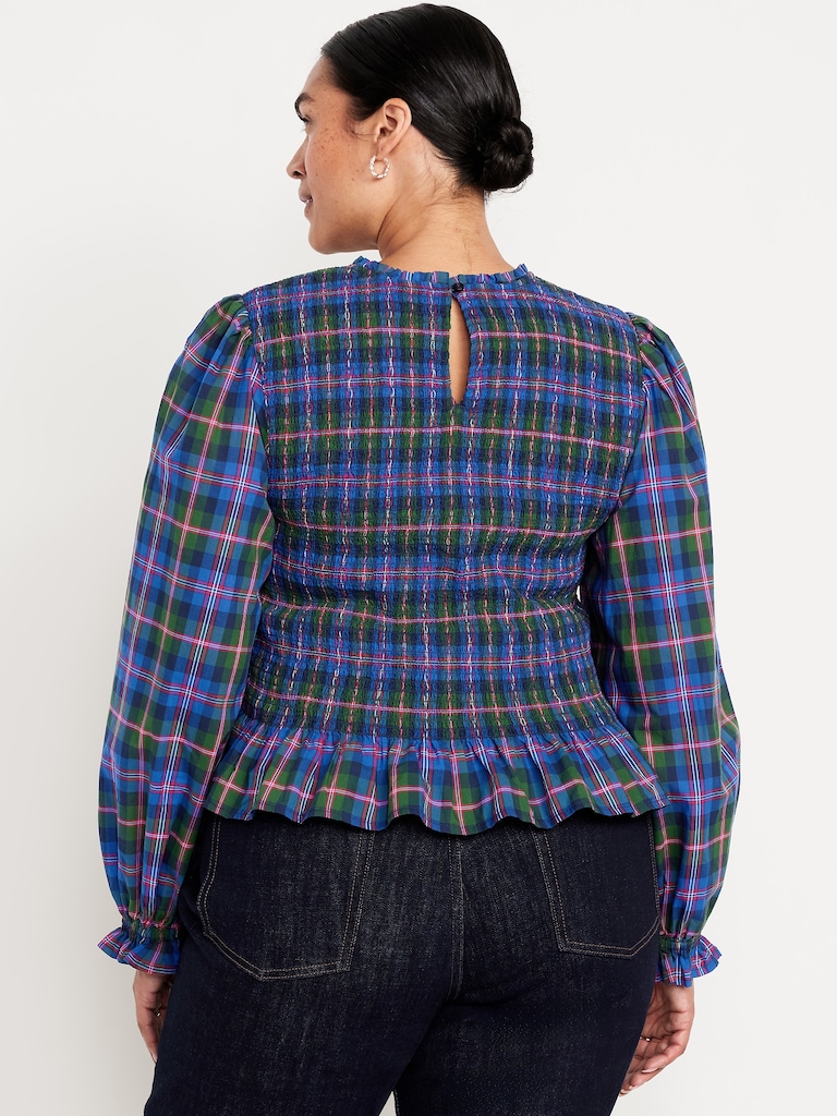 Long-Sleeve Plaid Smocked Top