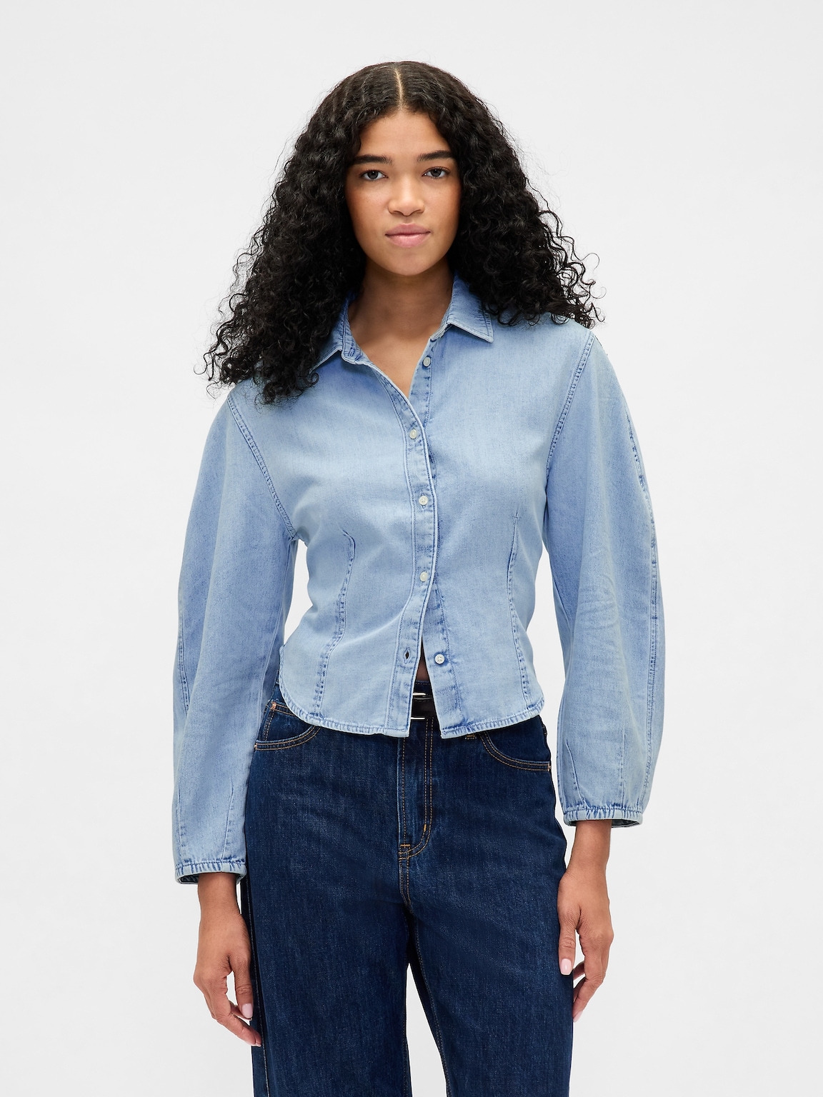 Denim Balloon-Sleeve Shirt