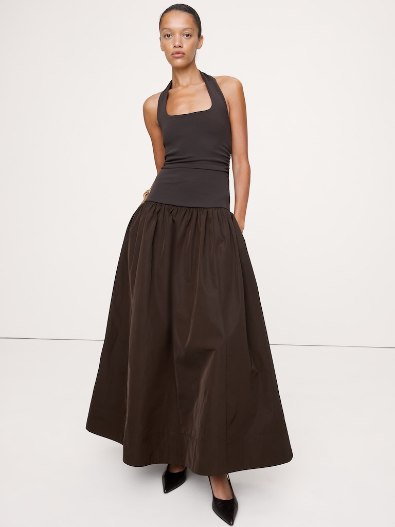 Jersey & Taffeta Halter Maxi Dress