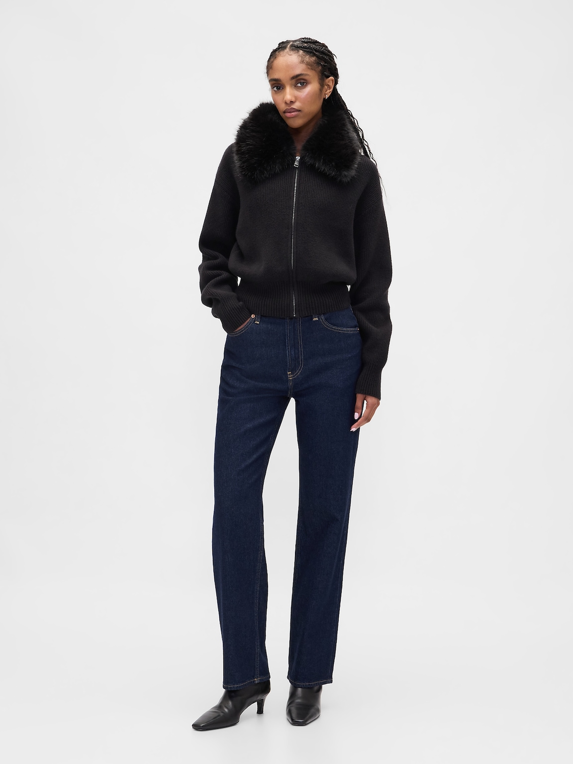 CashSoft Faux-Fur Collar Zip Cardigan Sweater
