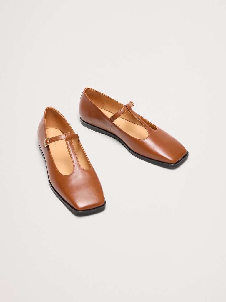 Italian Leather Square-Toe Mary Jane Flats