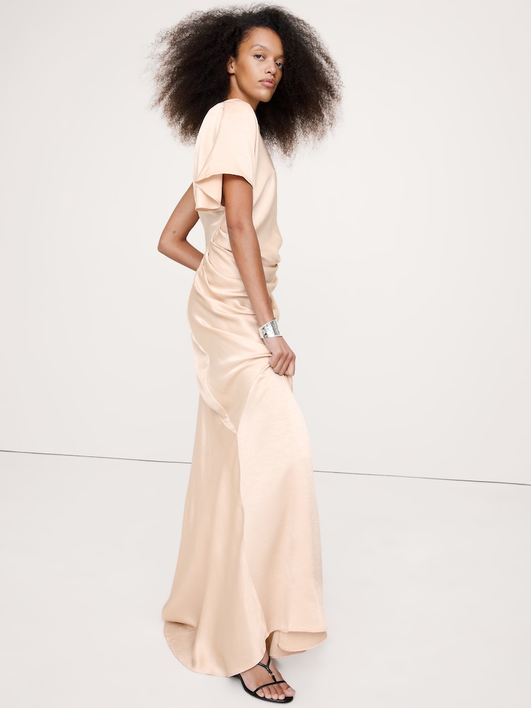 Asymmetrical Hammered Satin Draped Maxi Dress