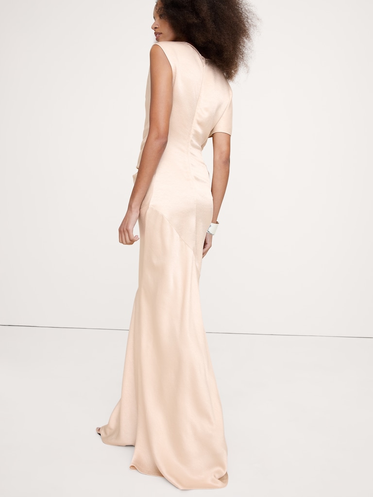 Asymmetrical Hammered Satin Draped Maxi Dress